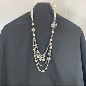 Layered Faux Pearl & Silver Chain Necklace with Ribbon Tie